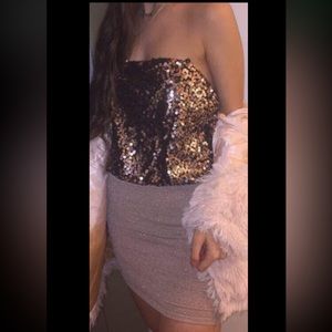 Strapless gold sequin top beige bodycon dress
